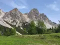 Prati verdi e larici svettano verso le imponenti cime rocciose, un paesaggio mozzafiato vicino alla malga Gran Fanes.