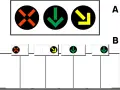 Segnali luminosi per corsie reversibili: croce rossa (chiuso), freccia verde (aperto), freccia gialla (cambio corsia).