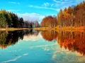 Specchio d'acqua sereno riflette alberi autunnali e cielo azzurro. Un angolo di pace tra i laghi dell'Emilia Romagna.