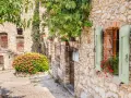 Un vicolo pittoresco tra i paesi del lago di Garda sponda veronese, con case in pietra, fiori e persiane verdi.