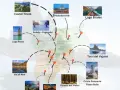 Mappa con itinerari per scoprire i borghi da visitare in Trentino: Castel Tirolo, Bressanone, Lago Braies, Lago Resia, Val di Non, Andalo-Paganella, Torri del Vajolet, Cristo Pensante.