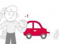 Uomo preoccupato mostra patente con -1 punto dopo un tamponamento. Auto rossa e case sullo sfondo.