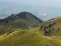 Panorami verdi con strade tortuose e malghe sul Monte Grappa. Un gregge pascola vicino a un piccolo lago.