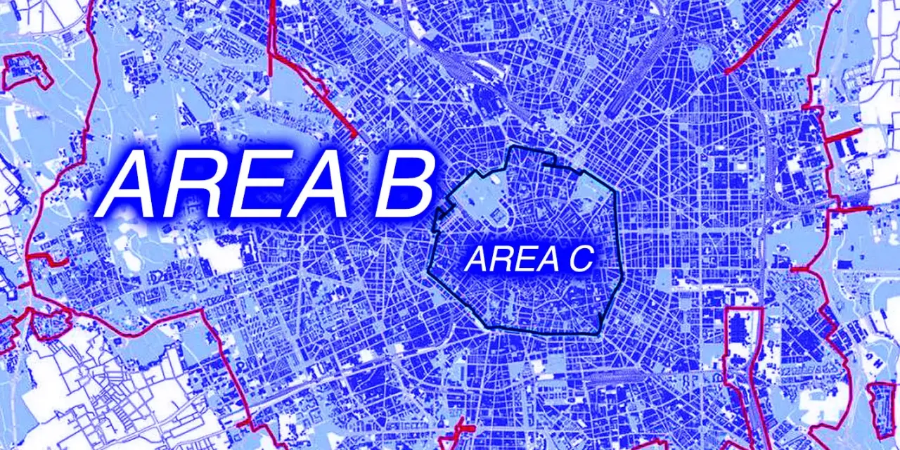 Mappa di Milano con le zone a traffico limitato: Area B e Area C, che rappresentano i pedaggi urbani di Milano.
