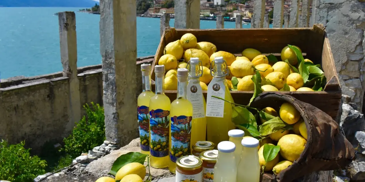 Limoni sul Garda, con bottiglie di limoncello e marmellata, sullo sfondo del lago e di un borgo.