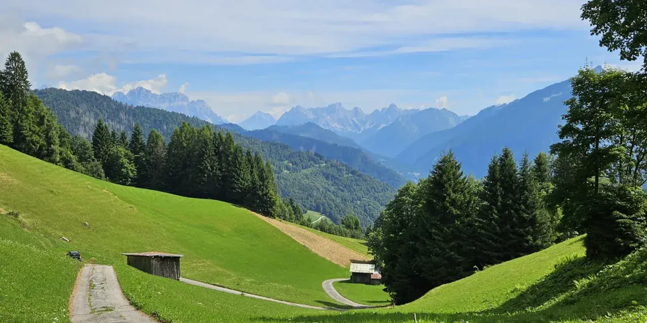 Sentiero tra prati verdi e boschi, con casette di legno e montagne sullo sfondo. Sagron Mis, cosa vedere in questo paradiso alpino!