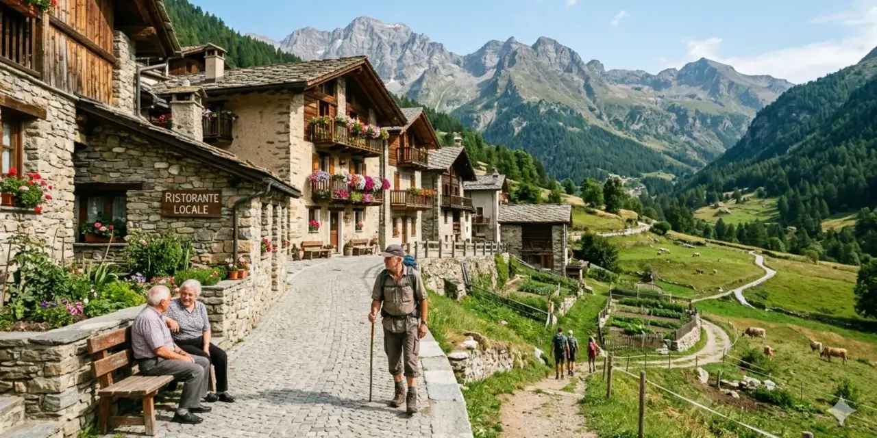 Un escursionista cammina in un pittoresco borgo del Trentino Alto Adige, con case in pietra e fiori colorati, mentre sullo sfondo si stagliano maestose montagne.