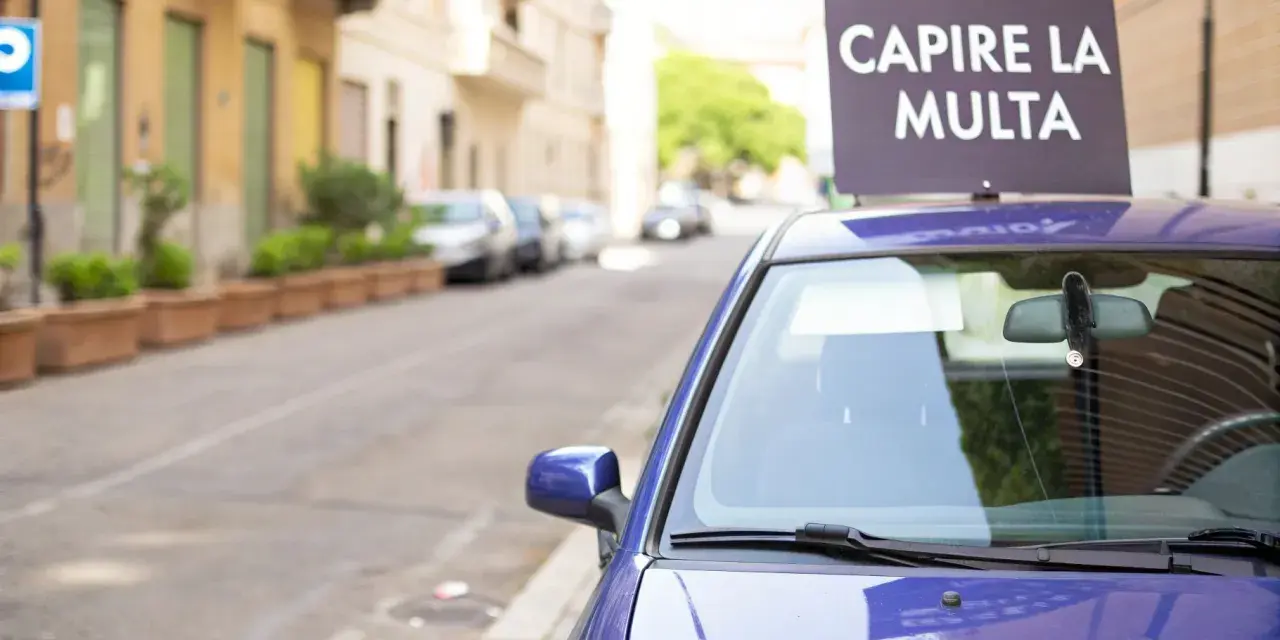 Auto blu parcheggiata in strada con cartello "Capire la multa". Divieto di sosta marciapiede ignorato.