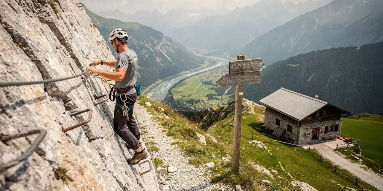 Uomo in via ferrata, aggrappato a cavi d'acciaio su una parete rocciosa, con un rifugio alpino e una valle sottostante.