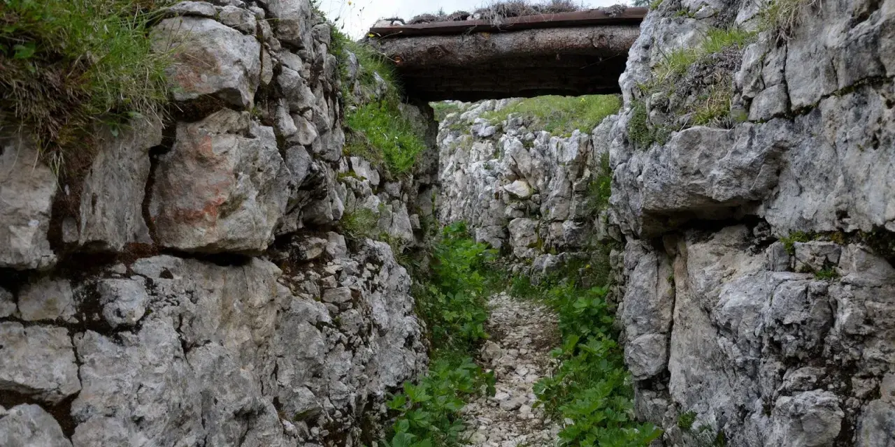 Trincea scavata nella roccia sul Monte Ortigara, con un tetto di tronchi. Per sapere come arrivare, cerca sentieri storici.