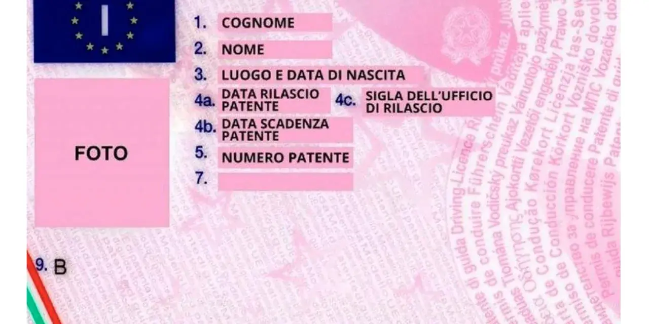 La patente di guida italiana mostra i campi per cognome, nome, luogo e data di nascita, numero patente, e la data di rilascio patente si trova al punto 4a.