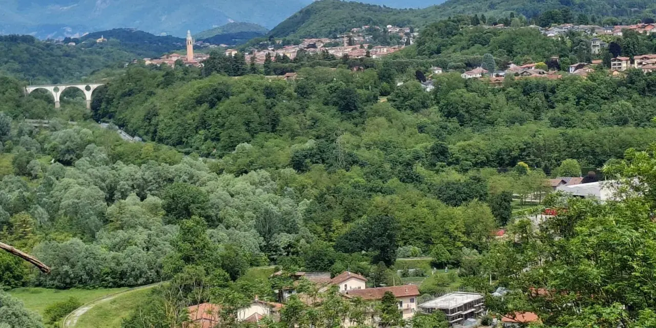 Panoramica collinare con un ponte ad archi, un campanile e case sparse a Cassano Magnago, circondata da rigogliosa vegetazione.