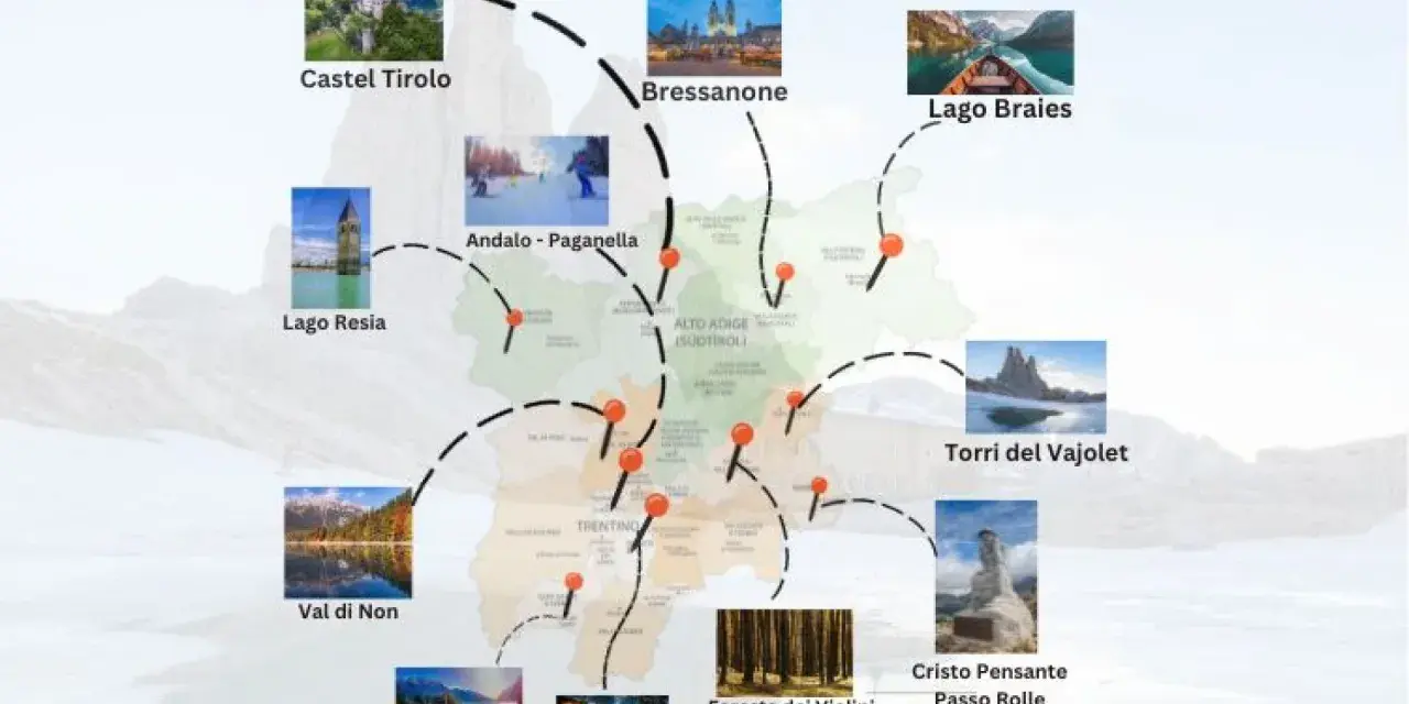 Mappa con itinerari per scoprire i borghi da visitare in Trentino: Castel Tirolo, Bressanone, Lago Braies, Lago Resia, Val di Non, Andalo-Paganella, Torri del Vajolet, Cristo Pensante.