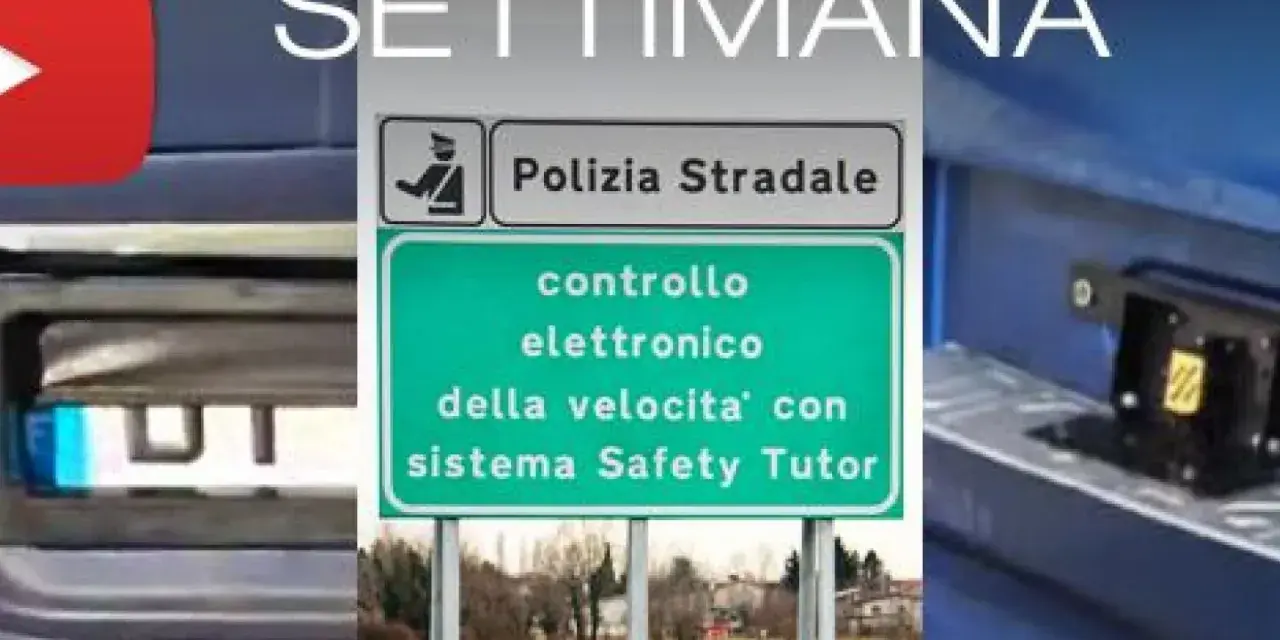 Segnaletica stradale per controllo elettronico velocità con sistema Safety Tutor. La targa prova moto è visibile in primo piano.