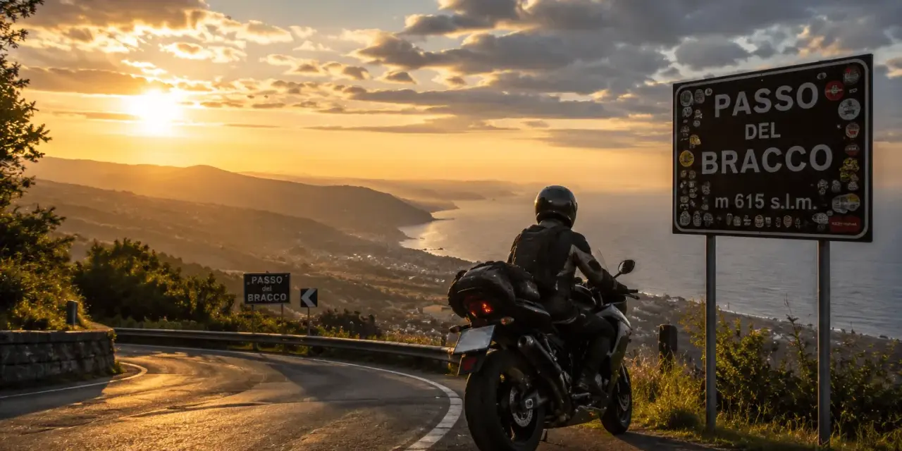 Motociclista al Passo del Bracco al tramonto, con vista sul mare e sulle colline illuminate dalla luce dorata.