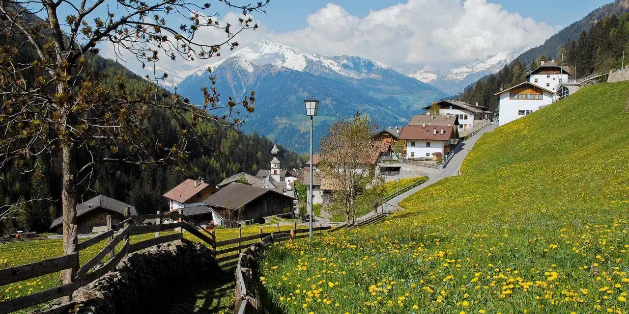 Un prato fiorito di gialli ranuncoli abbraccia San Leonardo in Passiria, con case tradizionali e montagne innevate sullo sfondo.