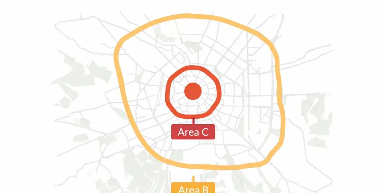 Mappa ZTL Milano Centro Storico: Area C al centro, Area B più esterna. Utile per conoscere gli orari e le zone a traffico limitato.