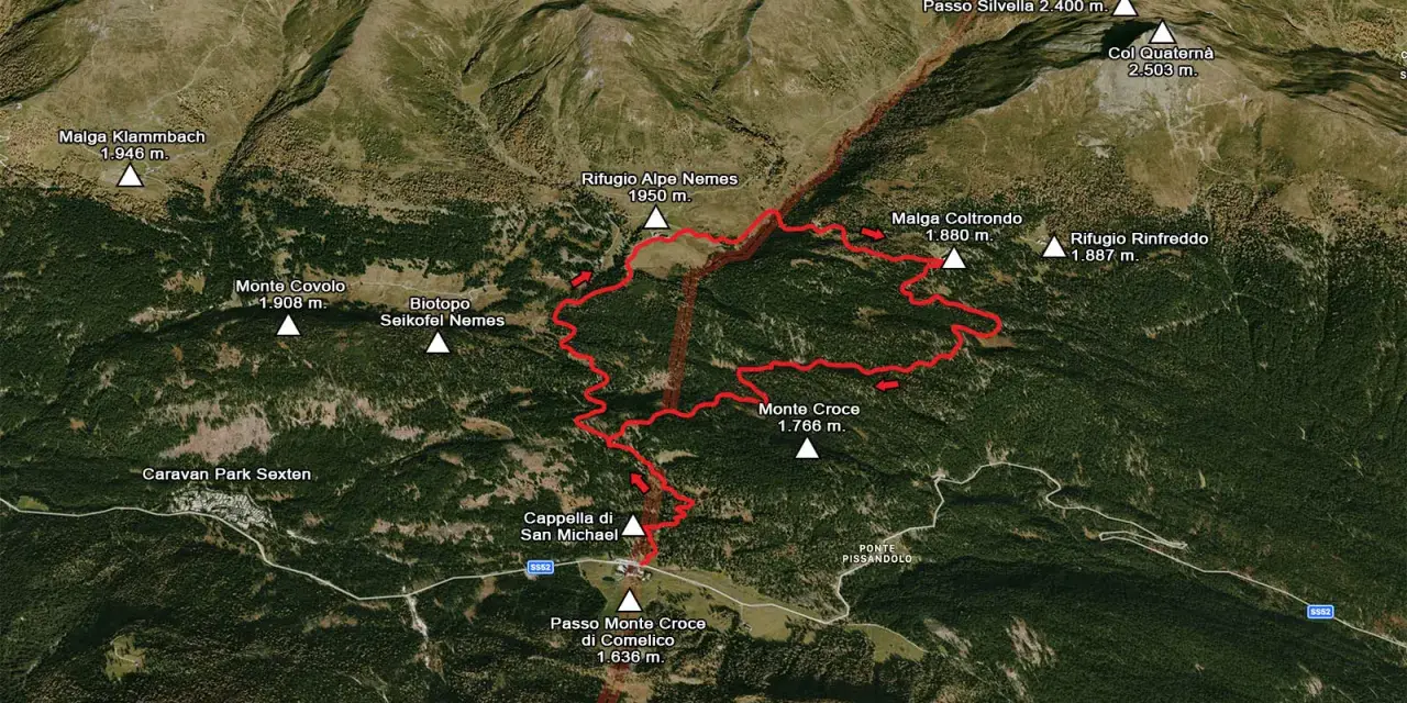 Mappa sentieri per malga Nemes, con Rifugio Alpe Nemes, Monte Croce e Passo Monte Croce.