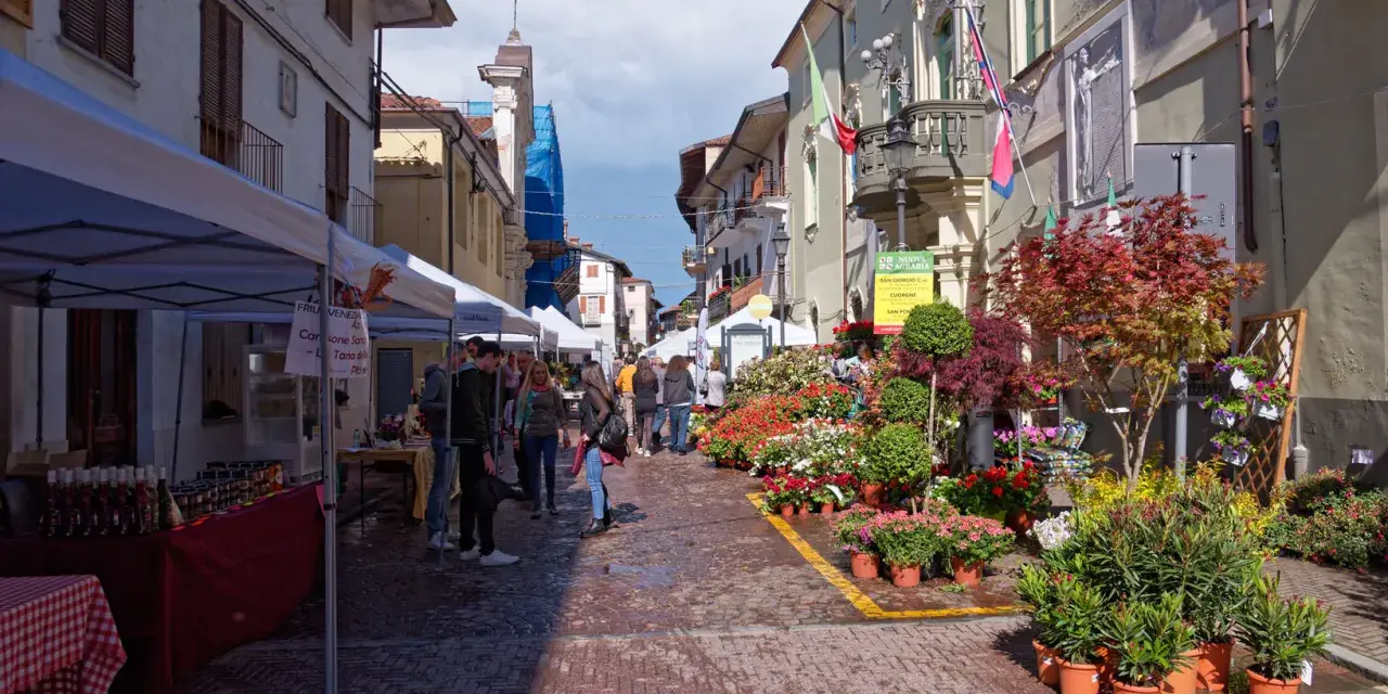 Mercato a San Giorgio Canavese con bancarelle di fiori e prodotti locali.