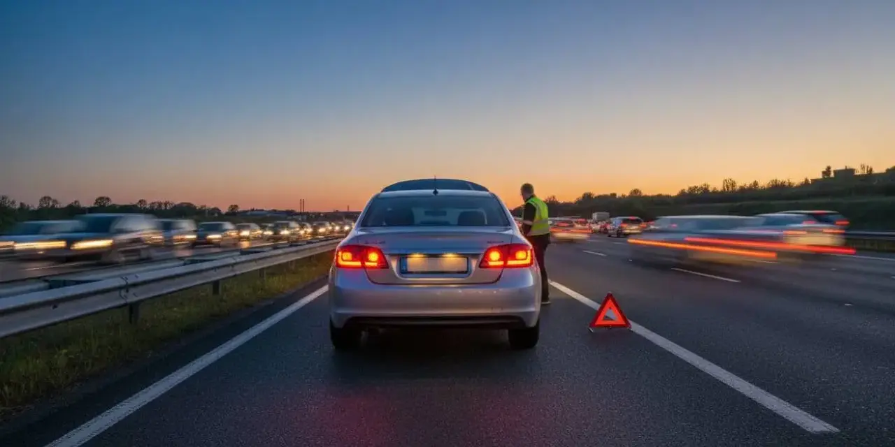 Auto in panne sul ciglio della strada, con un uomo in giubbotto catarifrangente e una segnalazione luminosa di pericolo. Traffico intenso al tramonto.