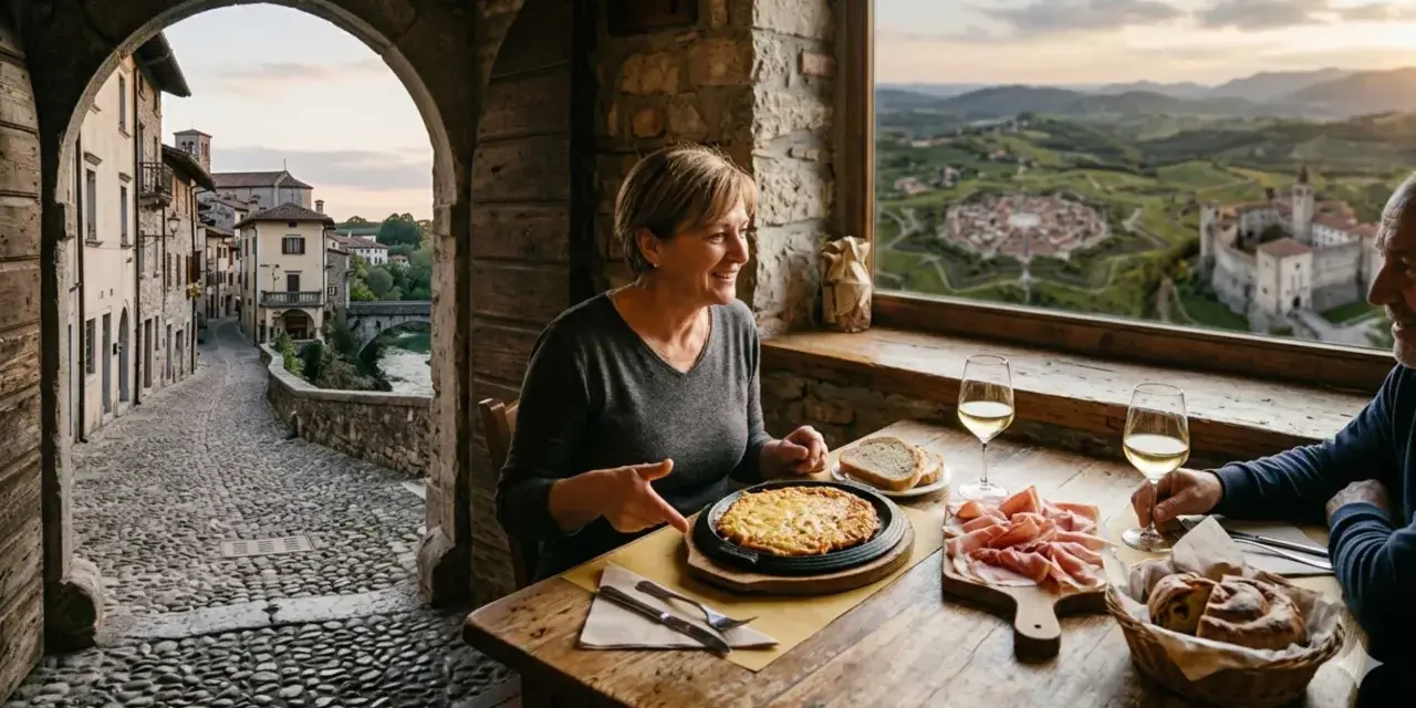 Coppia assapora delizie culinarie con vista su uno dei borghi friulani da visitare, un'esperienza indimenticabile.