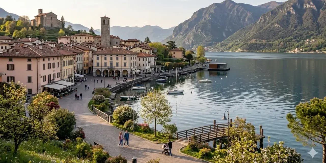 Pisogne: cosa vedere sul lago d'Iseo. Borgo con campanile, case colorate, lungolago con barche e montagne sullo sfondo.