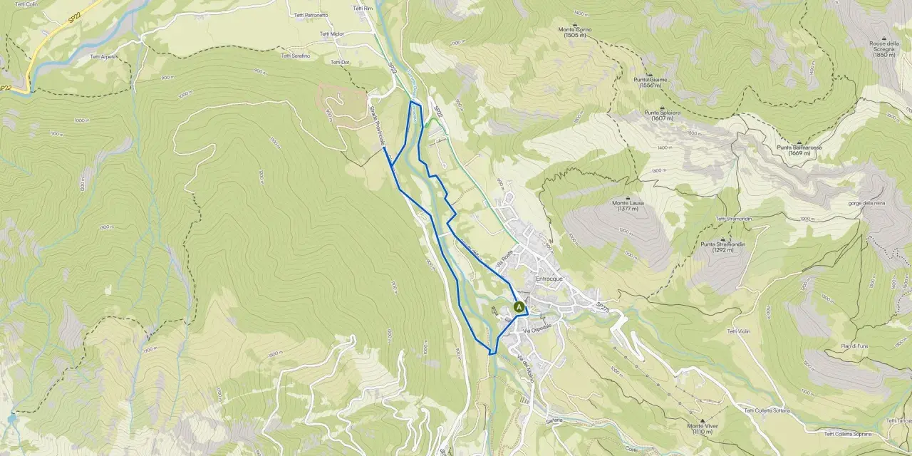 Mappa di Entracque con sentiero blu che indica entracque escursioni facili. Si vedono rilievi montuosi e strade.