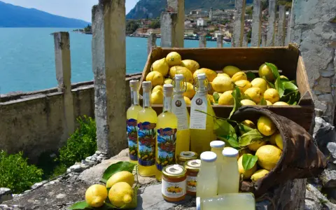 Limoni sul Garda, con bottiglie di limoncello e marmellata, sullo sfondo del lago e di un borgo.