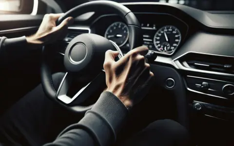 Mani sul volante, pronto a guidare con le nuove regole foglio rosa. Il cruscotto illuminato mostra la strada.