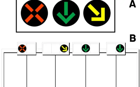 Segnali luminosi per corsie reversibili: croce rossa (chiuso), freccia verde (aperto), freccia gialla (cambio corsia).