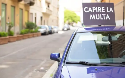 Auto blu parcheggiata in strada con cartello "Capire la multa". Divieto di sosta marciapiede ignorato.