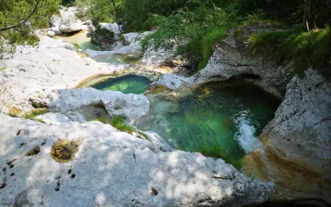 Acque cristalline scorrono tra le rocce levigate dei **cadini del Brenton**, creando piscine naturali immerse nel verde.