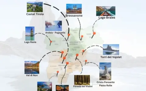Mappa con itinerari per scoprire i borghi da visitare in Trentino: Castel Tirolo, Bressanone, Lago Braies, Lago Resia, Val di Non, Andalo-Paganella, Torri del Vajolet, Cristo Pensante.