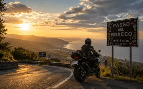 Motociclista al Passo del Bracco al tramonto, con vista sul mare e sulle colline illuminate dalla luce dorata.
