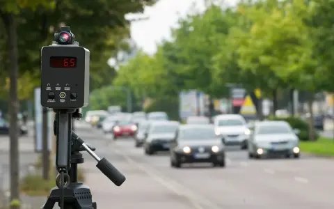 Autovelox mobile come funziona: un dispositivo su treppiede misura la velocità delle auto in transito su una strada alberata.