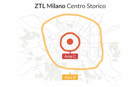 Mappa ZTL Milano Centro Storico: Area C al centro, Area B più esterna. Utile per conoscere gli orari e le zone a traffico limitato.