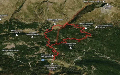 Mappa sentieri per malga Nemes, con Rifugio Alpe Nemes, Monte Croce e Passo Monte Croce.