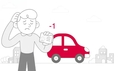 Uomo preoccupato mostra patente con -1 punto dopo un tamponamento. Auto rossa e case sullo sfondo.