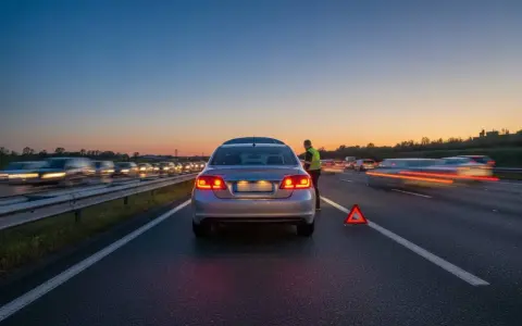 Auto in panne sul ciglio della strada, con un uomo in giubbotto catarifrangente e una segnalazione luminosa di pericolo. Traffico intenso al tramonto.
