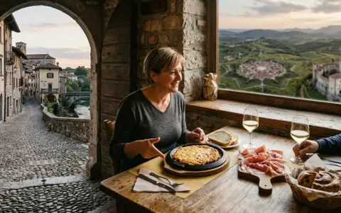 Coppia assapora delizie culinarie con vista su uno dei borghi friulani da visitare, un'esperienza indimenticabile.