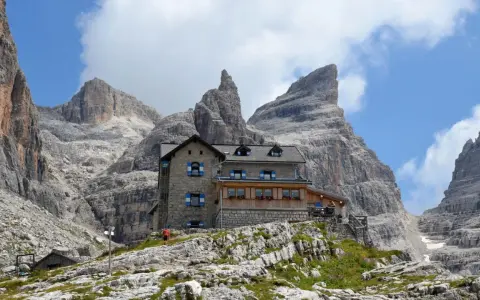 Il rifugio Tuckett e Sella, un'oasi di pietra tra le imponenti vette dolomitiche, accoglie escursionisti sotto un cielo azzurro e nuvoloso.