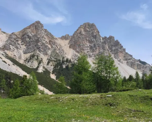 Prati verdi e larici svettano verso le imponenti cime rocciose, un paesaggio mozzafiato vicino alla malga Gran Fanes.