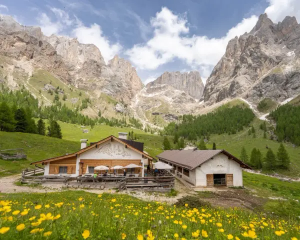 Malga Contrin, un rifugio alpino incastonato tra le maestose Dolomiti, raggiungibile con sentieri panoramici.