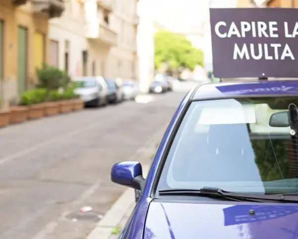 Auto blu parcheggiata in strada con cartello "Capire la multa". Divieto di sosta marciapiede ignorato.