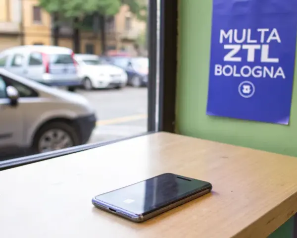 Un cellulare su un tavolo, con un cartello "Multa ZTL Bologna" appeso al muro. Fuori, auto in transito.