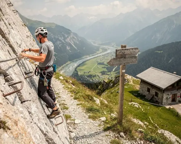 Uomo in via ferrata, aggrappato a cavi d'acciaio su una parete rocciosa, con un rifugio alpino e una valle sottostante.