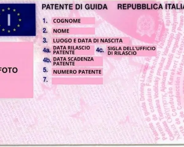La patente di guida italiana mostra i campi per cognome, nome, luogo e data di nascita, numero patente, e la data di rilascio patente si trova al punto 4a.