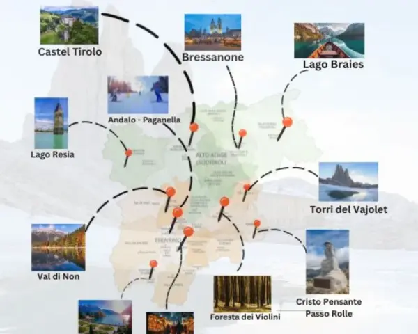 Mappa con itinerari per scoprire i borghi da visitare in Trentino: Castel Tirolo, Bressanone, Lago Braies, Lago Resia, Val di Non, Andalo-Paganella, Torri del Vajolet, Cristo Pensante.