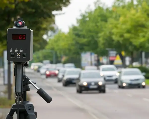 Autovelox mobile come funziona: un dispositivo su treppiede misura la velocità delle auto in transito su una strada alberata.