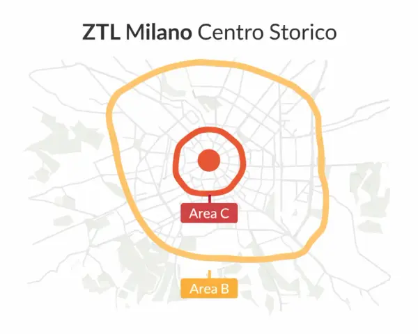 Mappa ZTL Milano Centro Storico: Area C al centro, Area B più esterna. Utile per conoscere gli orari e le zone a traffico limitato.